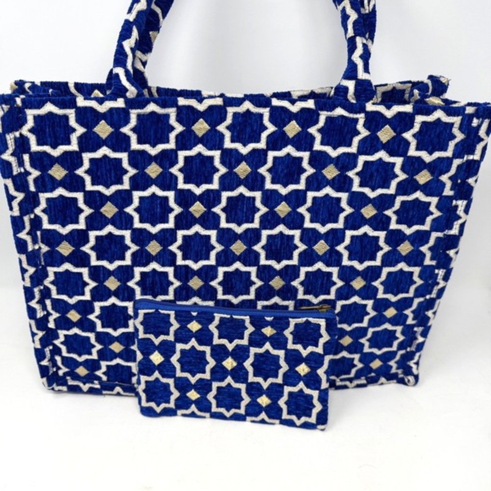 Moroccan‎ Tapestry Book Tote Shoulder Bag & Pouch Cobalt Blue Boho Resortwear